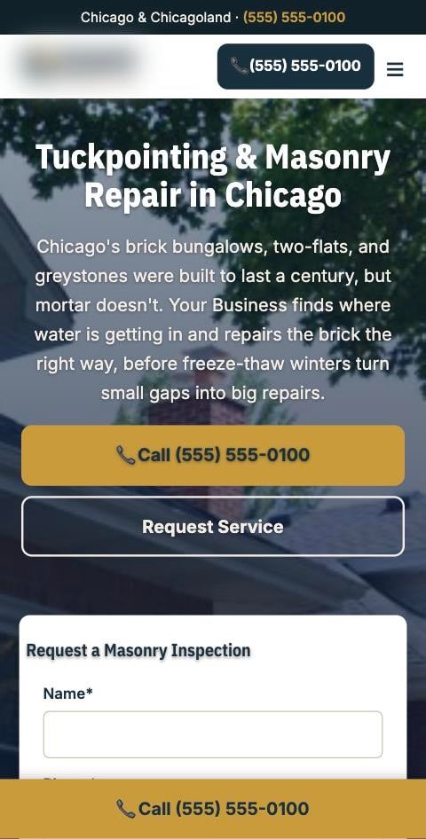 Tuckpointing and masonry website on a phone