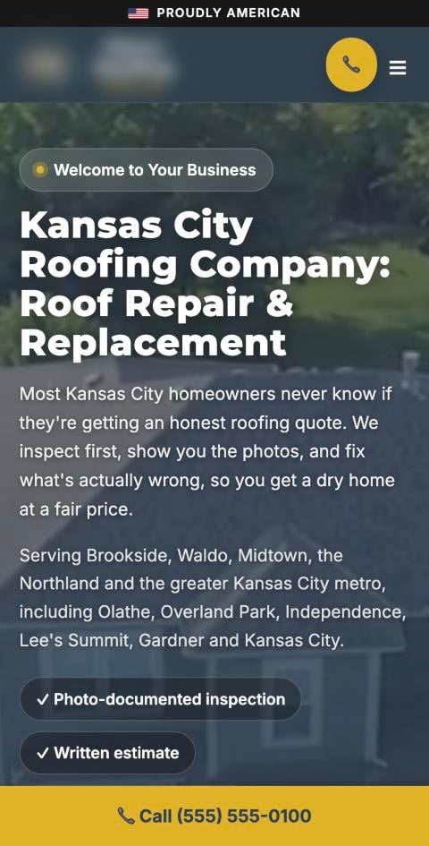 Roofing website on a phone